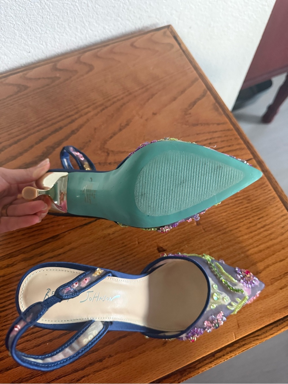 Betsey Johnson Blue Slingback Heels with Multicolor Bead Embellishments